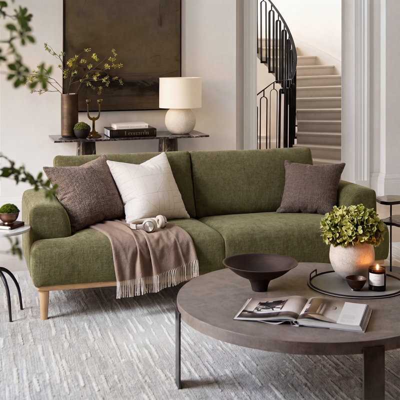 Upholstered Standard Sofa with Solid Wood Legs, Green