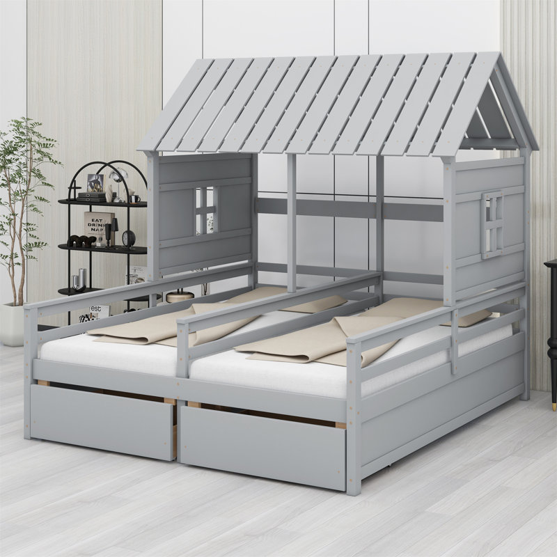 House Platform Beds With Two Drawers, Combination Of 2 Side By Side Beds, Grey