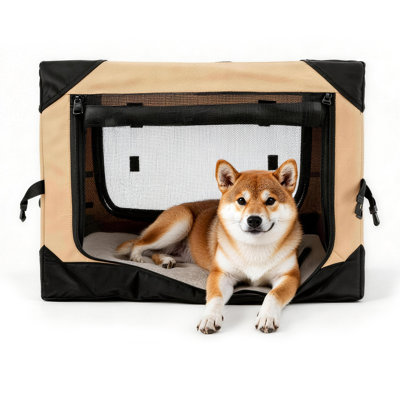  Collapsible Dog Crate - Portable Travel Kennel for Extra Large Dog, 4-Door Pet Crate with Mesh Windows, Indoor & Outdoor, Beige & Gray