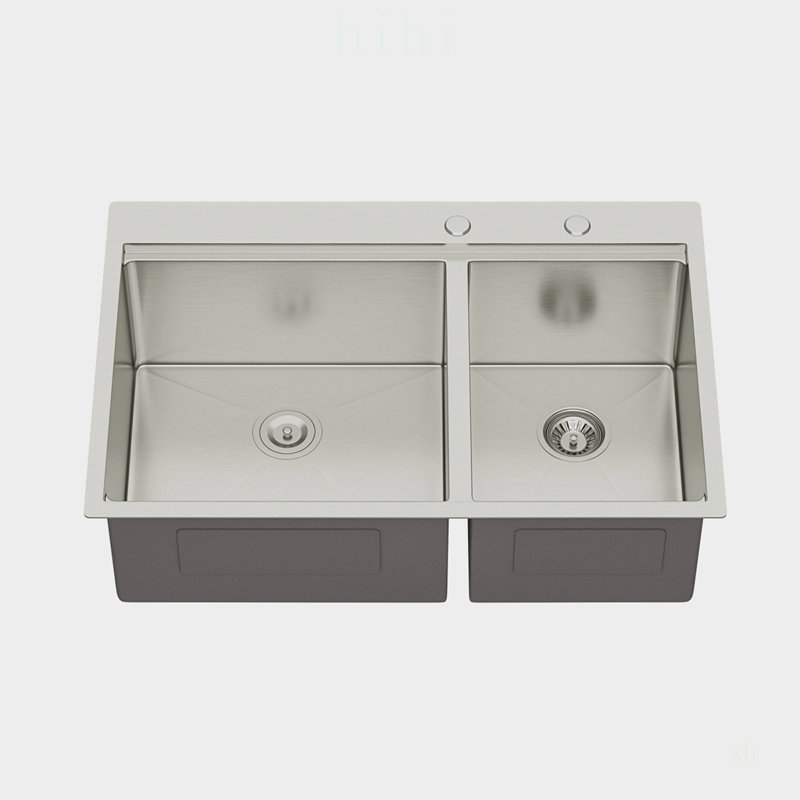 Évier de cuisine à encastrer par le dessus - Double cuve de 84 cm x 56 cm avec bassins de 25 cm de profondeur, acier inoxydable de calibre 16