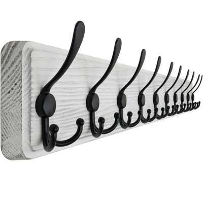 Porte-manteau mural rustique, 10 crochets, 98 cm de long, bois massif, blanc