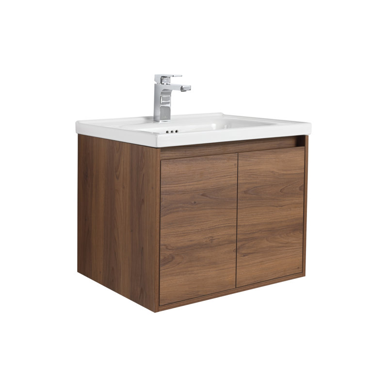 Meuble-lavabo flottant 24 po avec lavabo en céramique Bern, Brun noyer