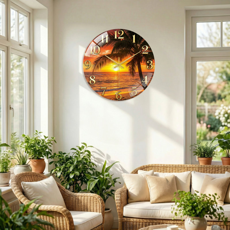 Horloge murale décorative moderne en verre Sunset Palm, 40 x 40 cm (15,7 x 15,7 pouces)