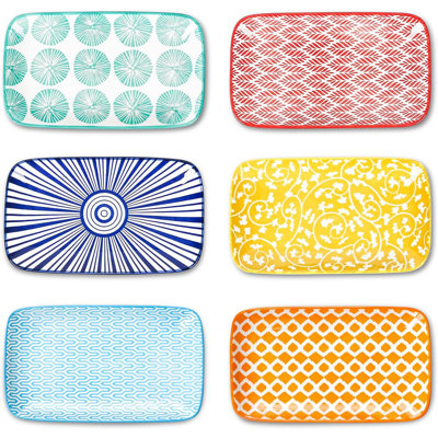 Assiettes à salade rectangulaires, assiettes à dessert 7,1 pouces en céramique, petites assiettes pour apéritif, collation, sushi, fruits, ensemble de 6, couleurs assorties