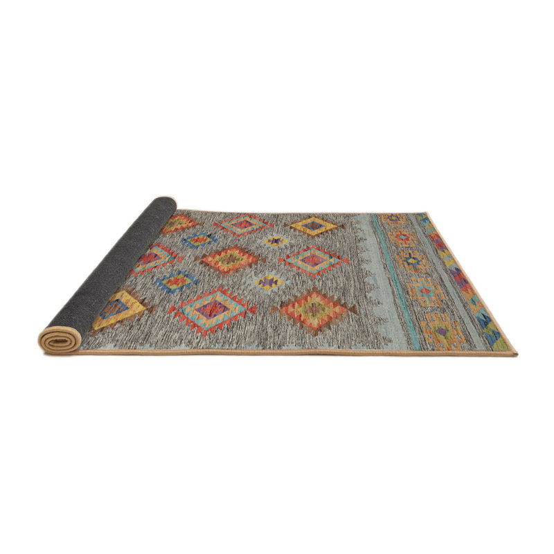 Tapis contemporain rouge / olive / bleu ciel Aldegonde, Rond 6 pi