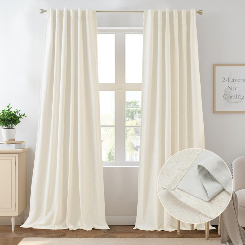 Goffredo 100% Blackout Natural Curtains for Bedroom  Double Layer Drape Farmhouse Thermal Insulated Rod Pocket Back Tab Full Light Blocking 2 Panels for Living Room Nursery