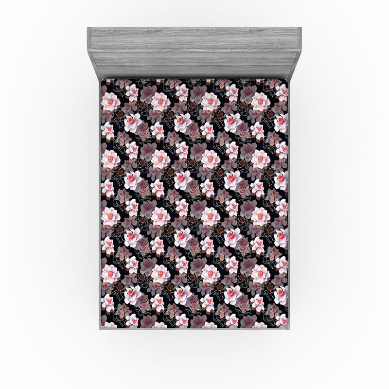 Ambesonne Nature Fitted Sheet Leaves Botanical Style Art, Black/Pale Rose/Coral Floral, Full Fitted Sheet
