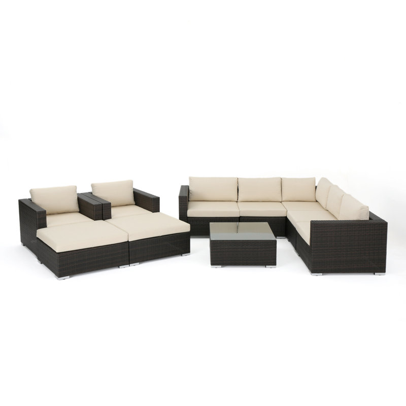 Ensemble de conversation modulaire en rotin avec coussins 10 pièces Jossif