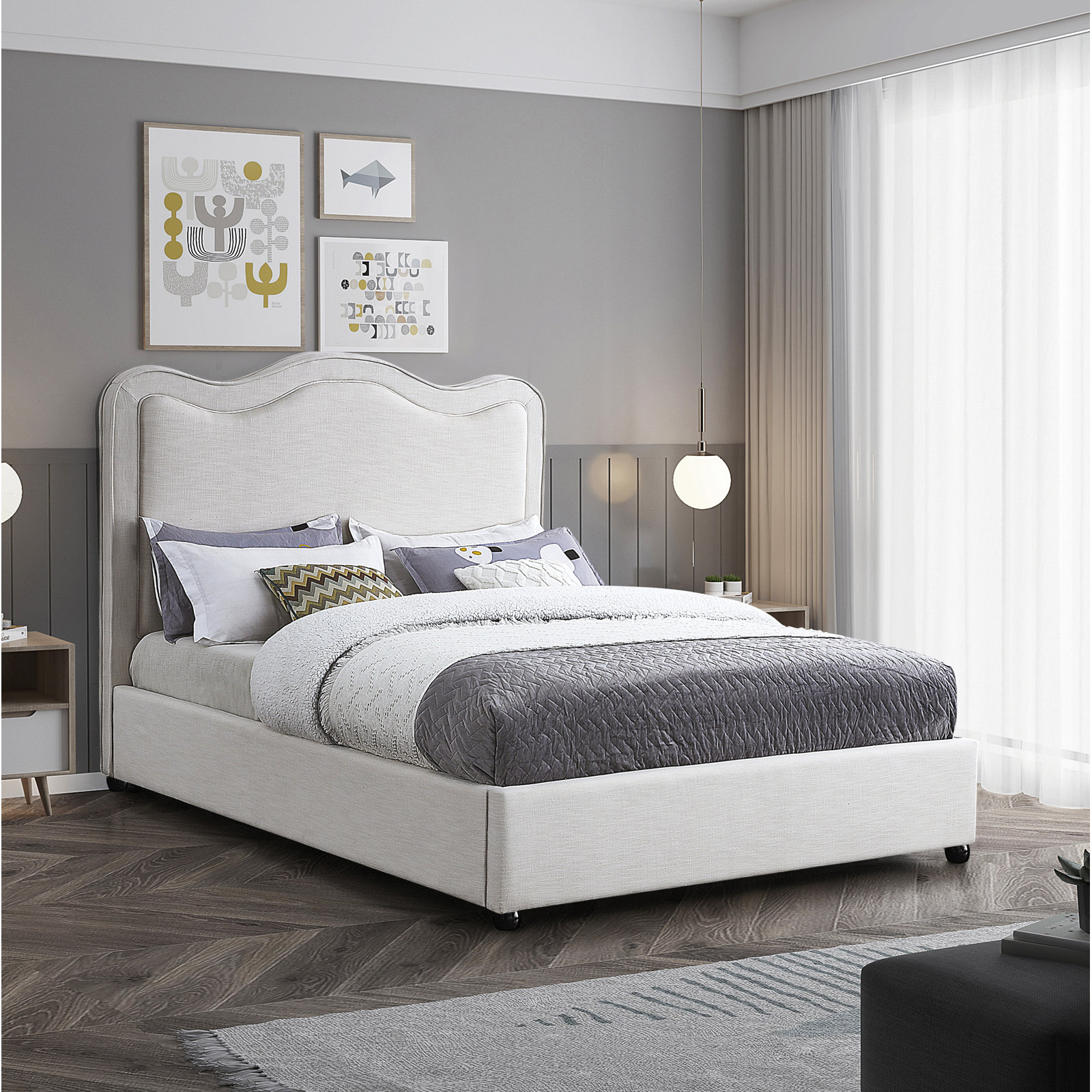 Felix Upholstered Bed, King, Cream Linen