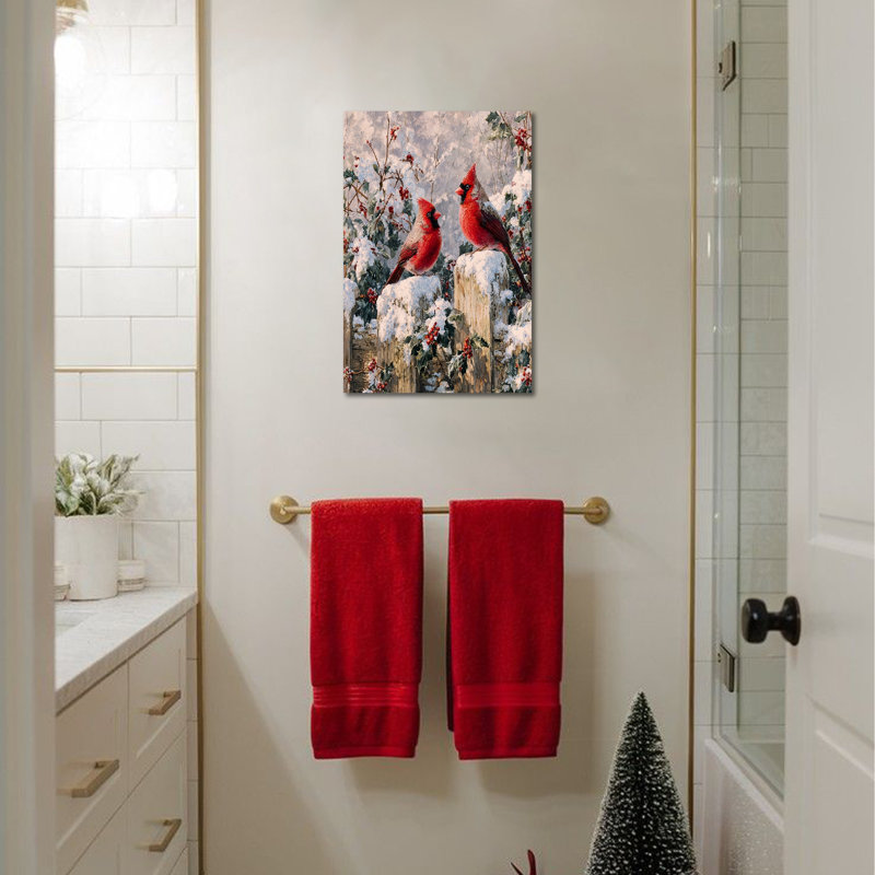 Cardinal Winter Wall Art - décorations murales de Noël, art de Noël oiseau rétro, peintures murales sur toile des Fêtes pour le salon, impressions sur toile tendue encadrée, 12 po x 16 po