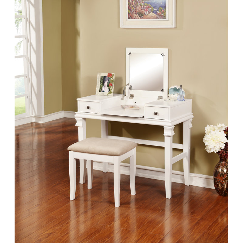 Ensemble de coiffeuse avec tabouret et miroir Godines, Blanc