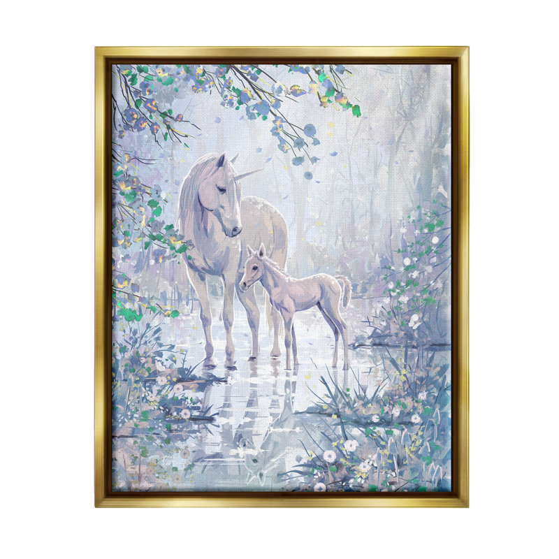 Unicorn Magical Forest Meadow par Sally Swatland - Peinture, H 21 po x l 17 po x P 1,7 po, Cadre flottant métallique doré