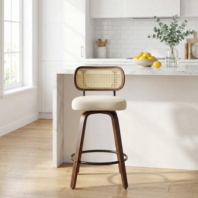 Set of Two Contemporary Counter Height Swivel Bar Stools with Ventilated Cane Back and Upholstered Seating for Kitchen Islands and Home Bars