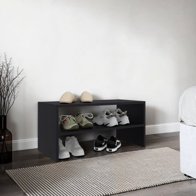 Range-chaussures avec trois tablettes ouvertes, 23,6 po de largeur, panneau de particules noir, plateau plat pour présentation, support solide, vestibule compact, design moderne minimaliste