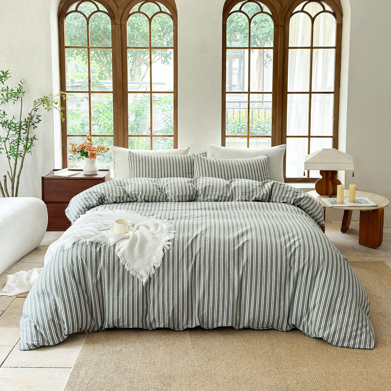 DONEUS Striped Duvet Cover Set 100% Washed Cotton Linen Like Soft Feelling Breathable Bedding, Olive Green/White