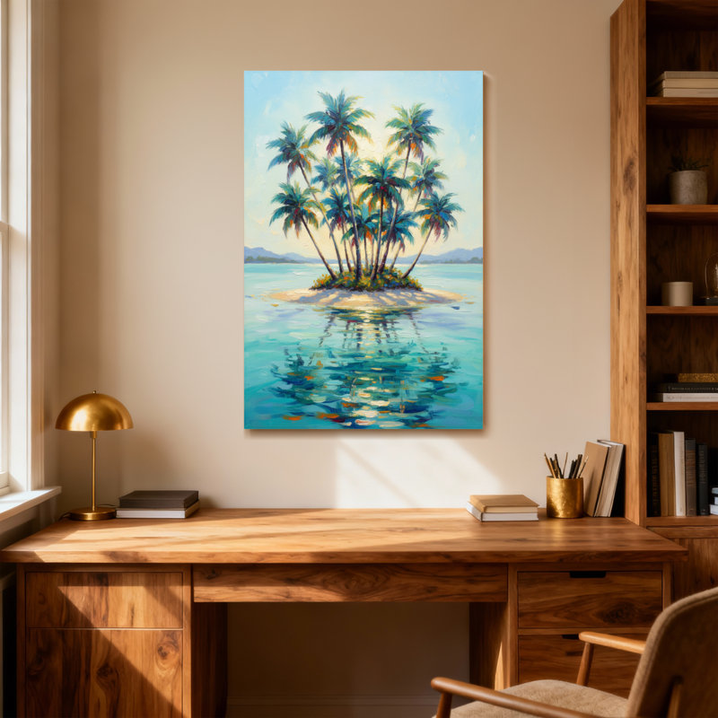 Plantes et fleurs, île tropicale, palmiers, océan, reflet, ciel, montagnes, H 30 po x l 20 po
