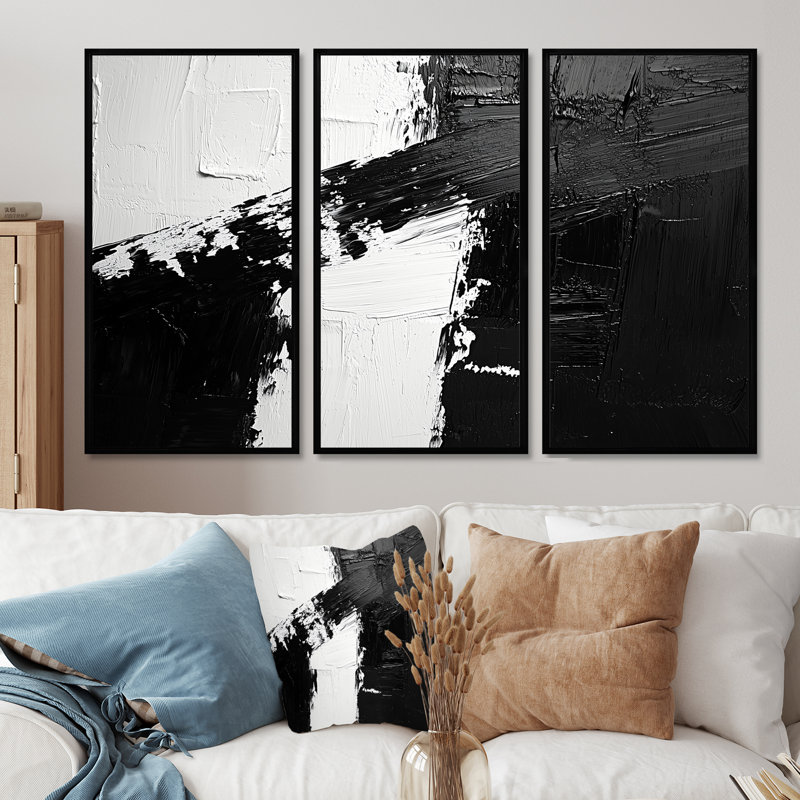Monochromatique dérive des ombres dans le noir III - art mural transitionnel - ensemble de 3, H 28 po x l 36 po, Noir