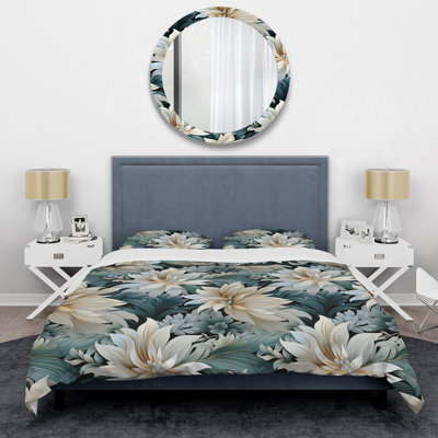 Exotic Grey And White Flowers Pattern III Box Stitch Floral Duvet Cover
