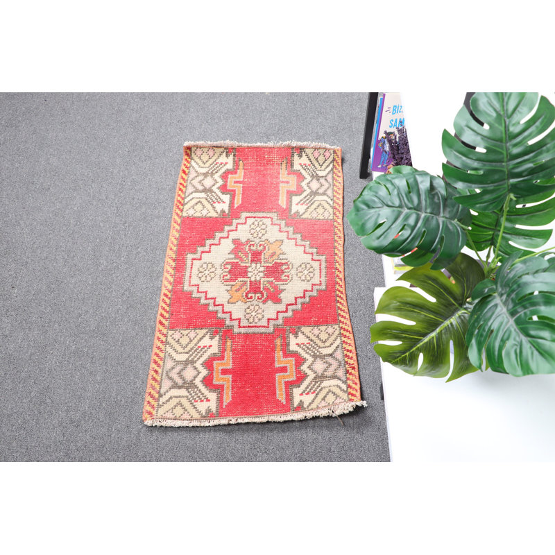 Small Red Turkish Vintage Antique Oushak Rug Perfect for Bathroom Entryway