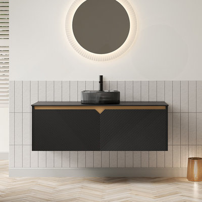 Meuble-lavabo 48 po avec lavabo, armoire de rangement flottante murale en contreplaqué, portes doubles en sergé avec garniture en métal, lavabo rond en verre noir transparent et plateau en pierre frittée noire, noir