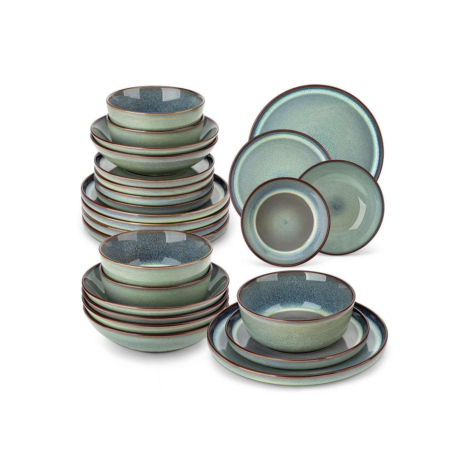  24 Piece Green Ceramic Dinnerware Set for 6,Kiln-Fired Plates,Dessert Plates,Pasta Bowls&Bowls, Green