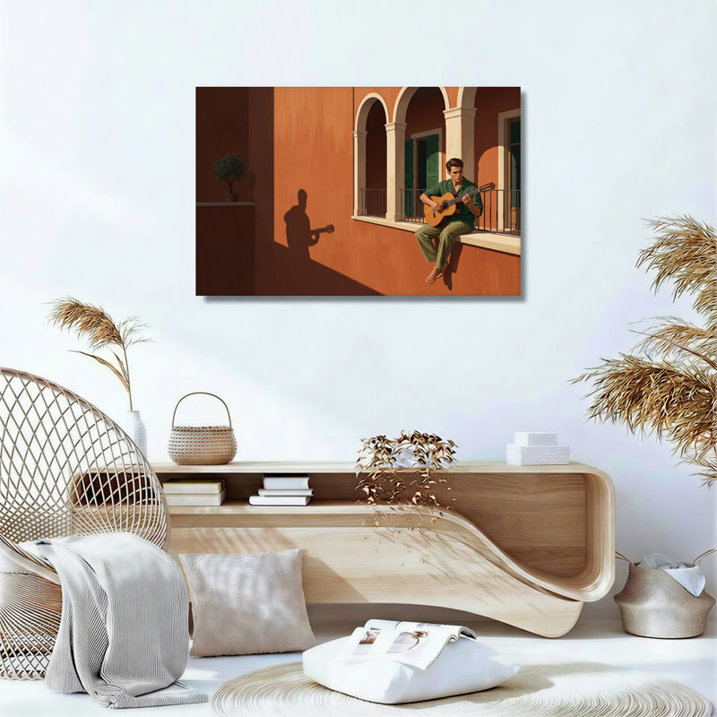 Musicien jouant de la guitare sur un balcon en terre cuite ensoleillé, 16"H x 24"W
