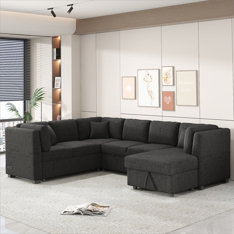 108.6" U-Shaped Sectional Sofa Bed With USB Ports, Power Sockets, Three Pillows