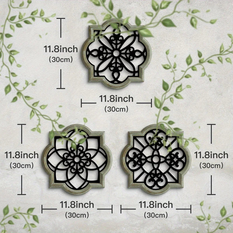 Décoration murale en bois - 3 pièces de motifs floraux noirs