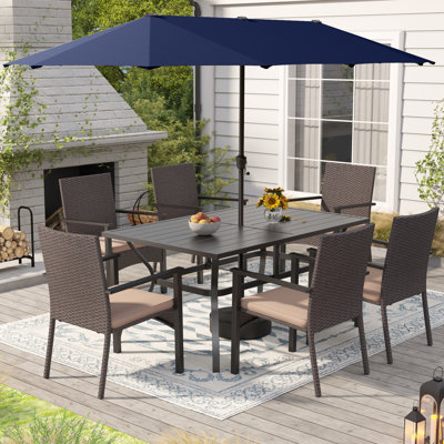 Rectangular Metal 6-People Patio Dining Set With Umbrella And Cushions