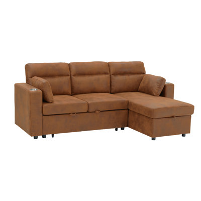 L-Shaped Pull-Out Sectional Sofa Bed with Storage Chaise, Cup Holders