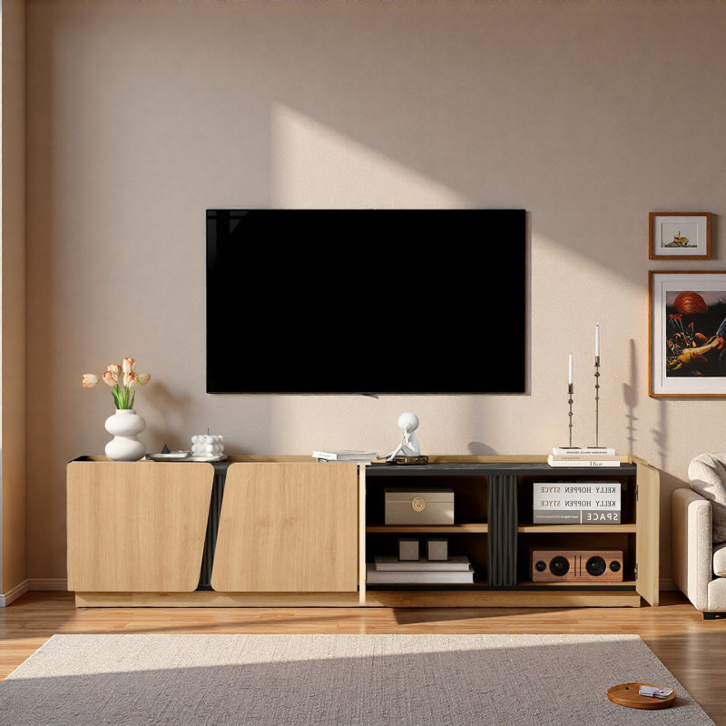 Meuble télé moderne avec coins arrondis, plateau en marbre et tablettes réglables, Chêne