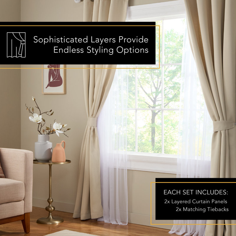  Oslo Double Layer Room Darkening and Sheer Grommet Top Curtains 2-Pack, Beige, 52" W x 108" L