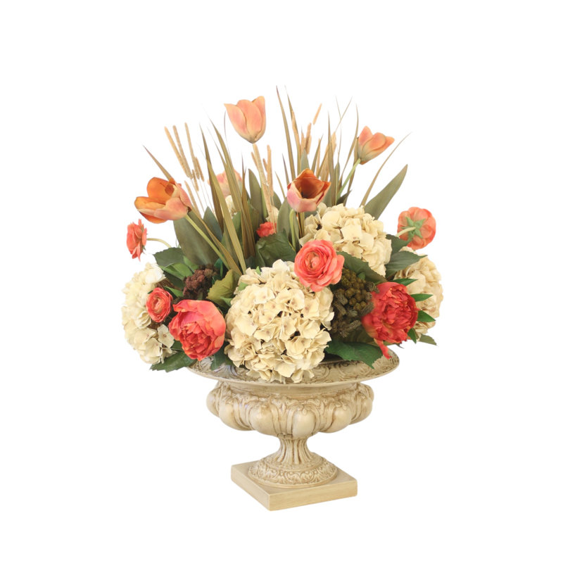 Tulip, Hydrangea, and Peonies in Urn