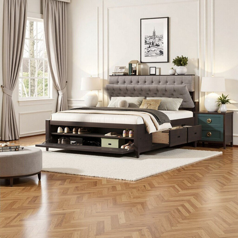 Grand lit plateforme avec rangement en bois avec tête de lit, range-chaussures et tiroirs, Espresso