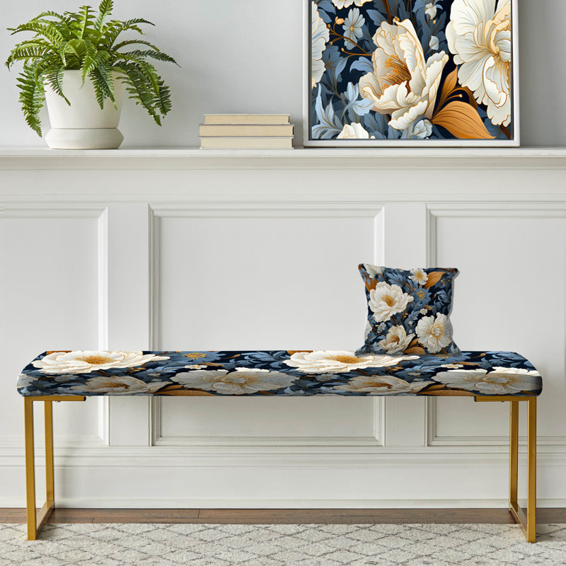 Blue And Beige Ranunculus Boho Pattern - Floral Upholstered Gold Bench