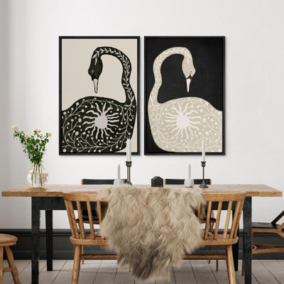 Swan Birds Mid Century Modern Boho Modern Living Room Decor Framed Canvas Print Wall Art