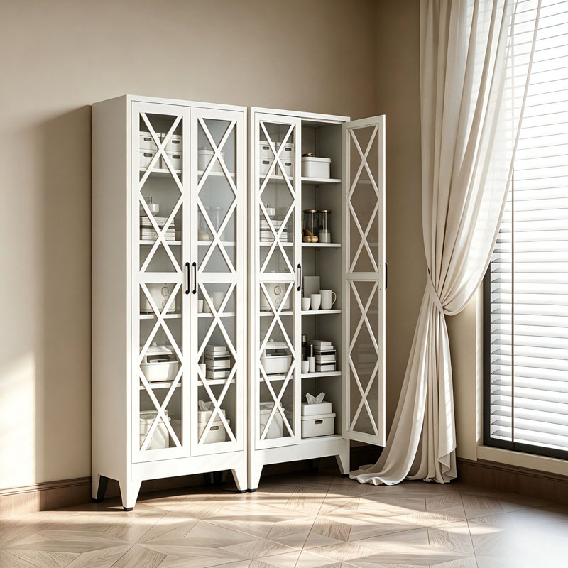 Armoire de rangement en métal de 71 po de hauteur avec 2 portes et 4 tablettes réglables (blanche), Blanc, LG, GlassDoor
