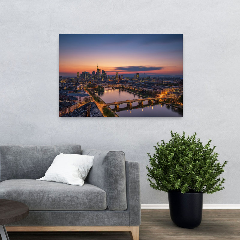 Francfort, coucher de soleil, horizon, ville moderne, architecture vibrante, impression d'art mural, H 32 po x l 48 po