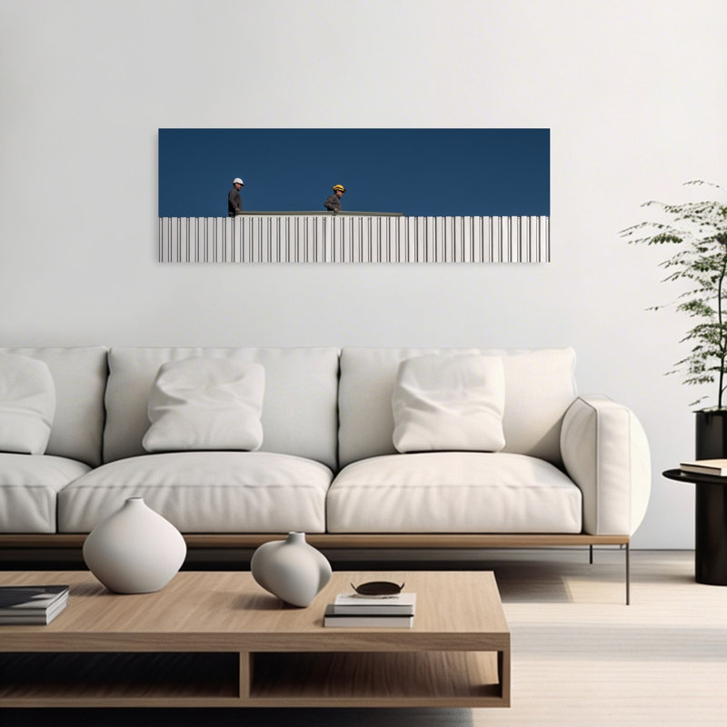 "Construction ouvriers" ciel bleu industriel minimaliste, architecture moderne, art mural urbain, H 16 po x l 48 po