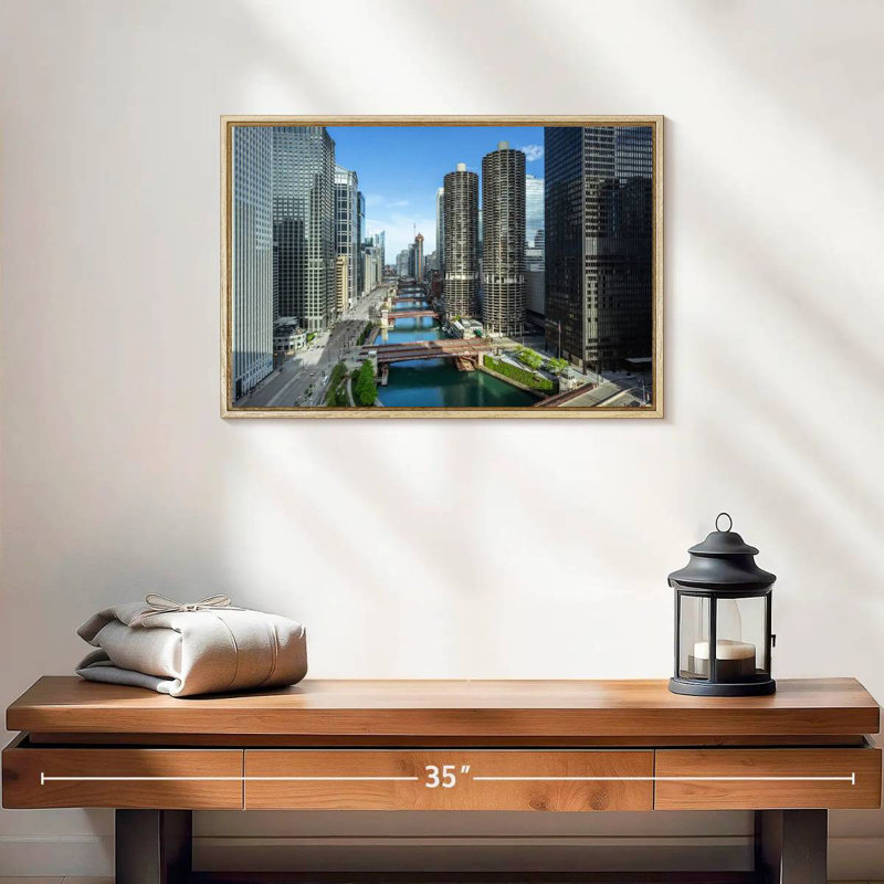 Chicago Riverside Towers, 19 po x 13 po, Cadre flottant en bois naturel
