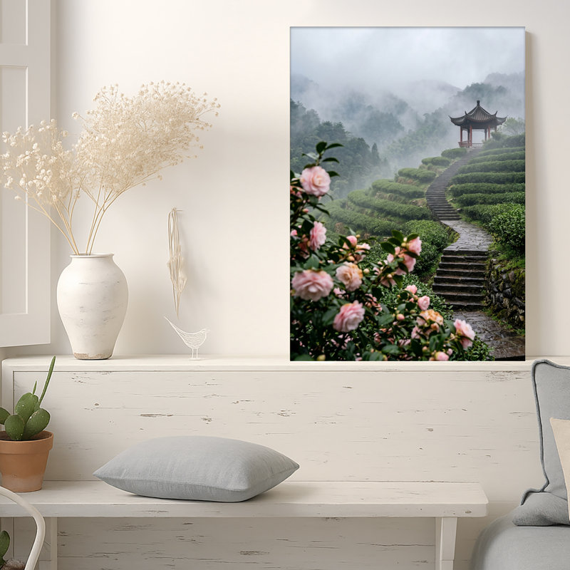 «Pink Camellias and Stone Stairs to Misty Pagoda», art mural, 18"H x 12"W