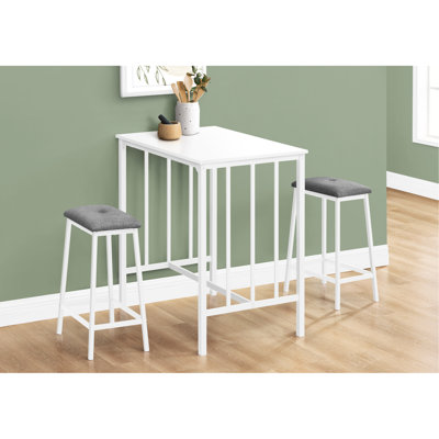3pcs Counter Height Dining Furniture Ensemble - 36" Rectangular White Laminate Table With Metal Legs And Gorgeous Grey Cushioned Stools For Kitchen Ar