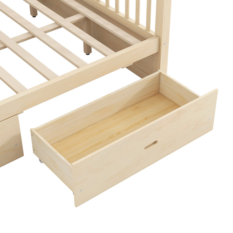 Queen Size Wooden Canopy Bed Frame with Storage Drawers, Solid Wood Platform Bed with Slat Support, Natual, Natural, Queen