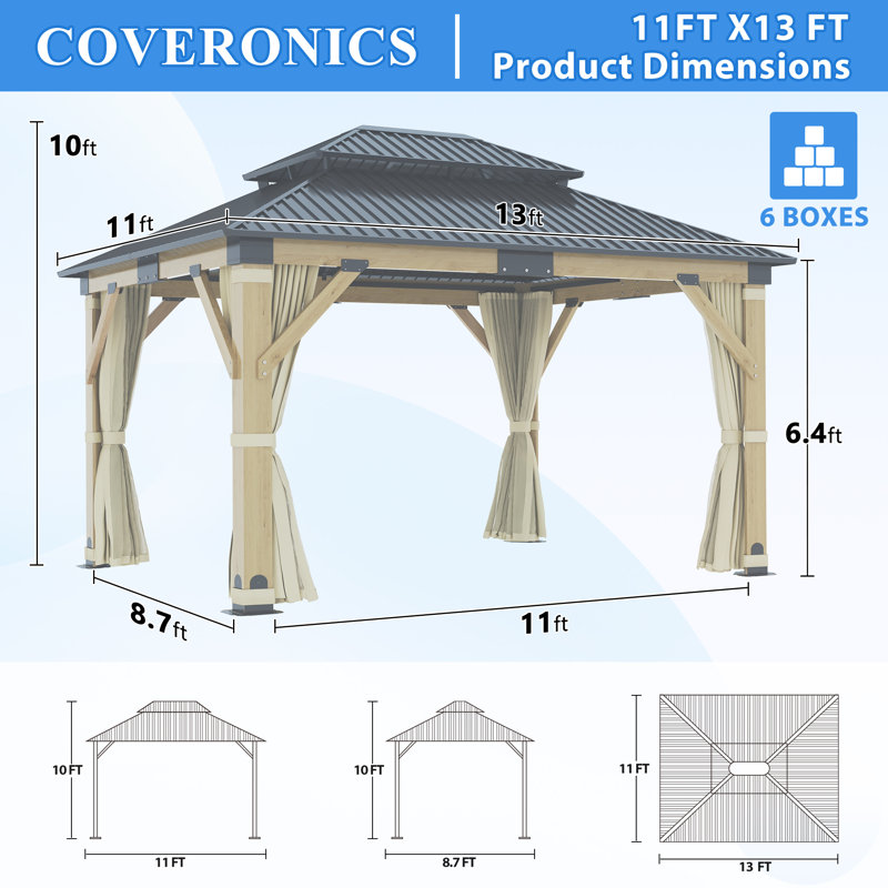 13 pi. L 11 pi. X P 11 pi. D Pavillon de jardin pour terrasse en bois massif avec rideaux et filets