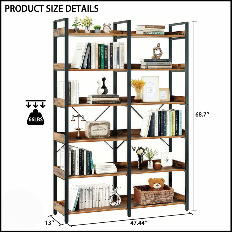 6-Tier Industrial Bookshelf With Open Shelves, Freestanding Metal Frame For Storage And Display, Modern And Durable Design For Various Rooms