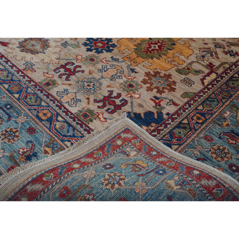 Hand Knotted Wool Oriental Area Rug in Camel/Gray/Navy/Red