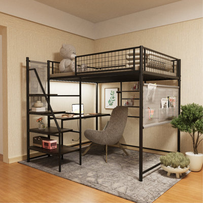 Lit mezzanine pleine grandeur en métal noir avec chambre à coucher et dortoir, avec station de charge intégrée et éclairage DEL