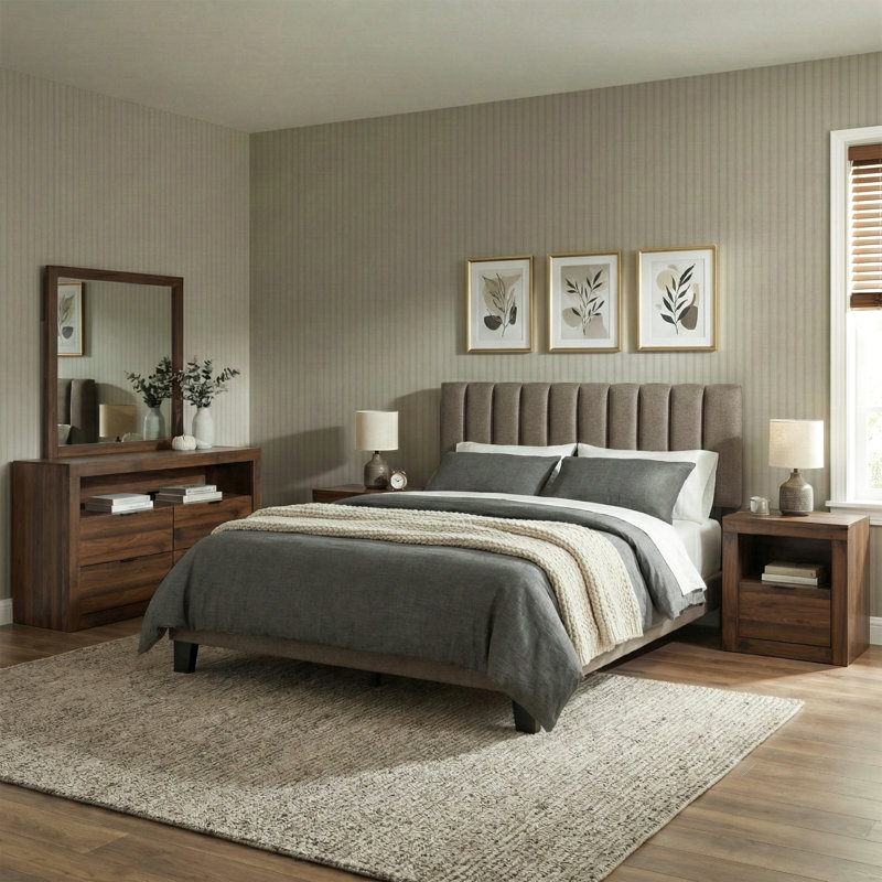 Ensemble de chambre à coucher 5 pièces Hildebran, Cinq pièces : Lit, 2 tables de chevet, commode, m, Grand lit, Brun