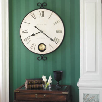 Magdalen Modern & Contemporary Oversized Wall Clock, Wrought Iron Frame with Antique Crackle Dial and Brass Pendulum
