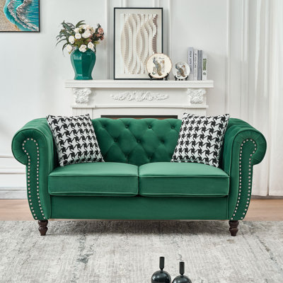 Canapé Chesterfield® en tissu d'ameublement en velours avec accoudoirs roulés et têtes de clou, canapé rembourré de style Mid-Century, canapé 2 places